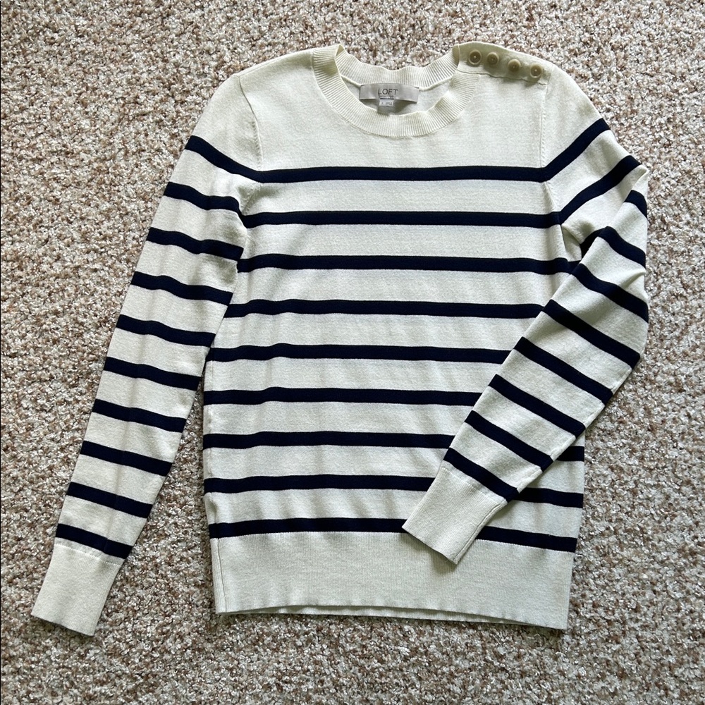 LOFT Cream and Black Striped Crewneck Sweater